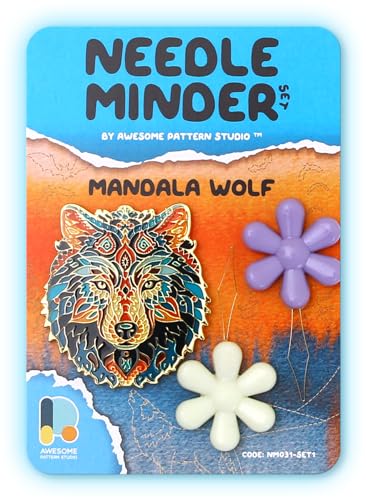 Image of Awesome Pattern Studio Needle Minder Set - Mandala Wolf Magnetic Needle Minder + 2 Needle Threaders. Enamel Pin for Cross Stitch, Embroidery and Craft