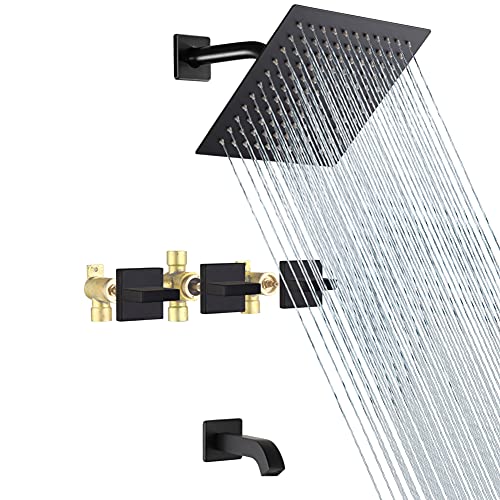 Matte Black 3-Handle Tub and Shower Faucet Set, Bathroom Bathtub Rainfall Shower Head with Waterfall Tub Spout,Tub and Shower Trim Kit with Valve Matte Black 3-Handle Tub and Shower Faucet Set, Bathroom Bathtub Rainfall Shower Head with Waterfall Tub Spout,Tub and Shower Trim Kit with Valve