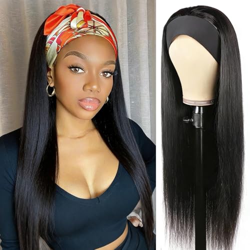XSY Headband Wig Human Hair Straight 20 Inch Headband Wigs for Black Women Glueless No Lace Front Human Hair Wigs Brazilian Virgin Headband Wig Natural Color