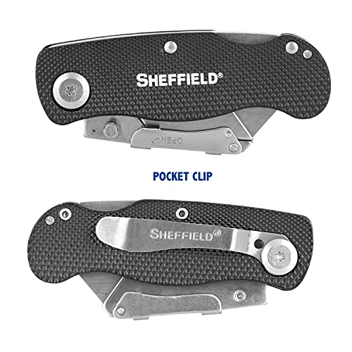 Image of Sheffield Folding Utility Knife, Accepts Standard Utility Knife Blades, Box Cutter Aluminum Handle, Razor Blades Included, For Home, Office, Trades, and Warehouse