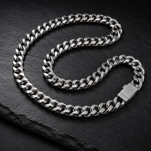 Image of 'Elite Heavyweight Link' 12mm Thick Curb Chain Necklace for Men | Anti-Tarnish Hip-Hop Necklace | Titanium Steel Silver Finish | Trendy Streetwear Jewelry for Boys & Men | Durable, Rust Resistant (NK1578) 1 Pc