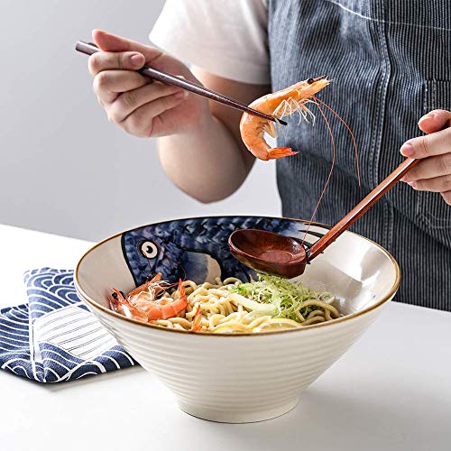 Njcharms Ceramic Japanese Ramen Noodle Soup Bowl, 2 Sets (6 Piece) 60 Ounce Ramen Bowls, With Spoons And Chopsticks For Udon, Pho, Asian Noodles, Ramen Noodles Bowl, Blue #TOP2