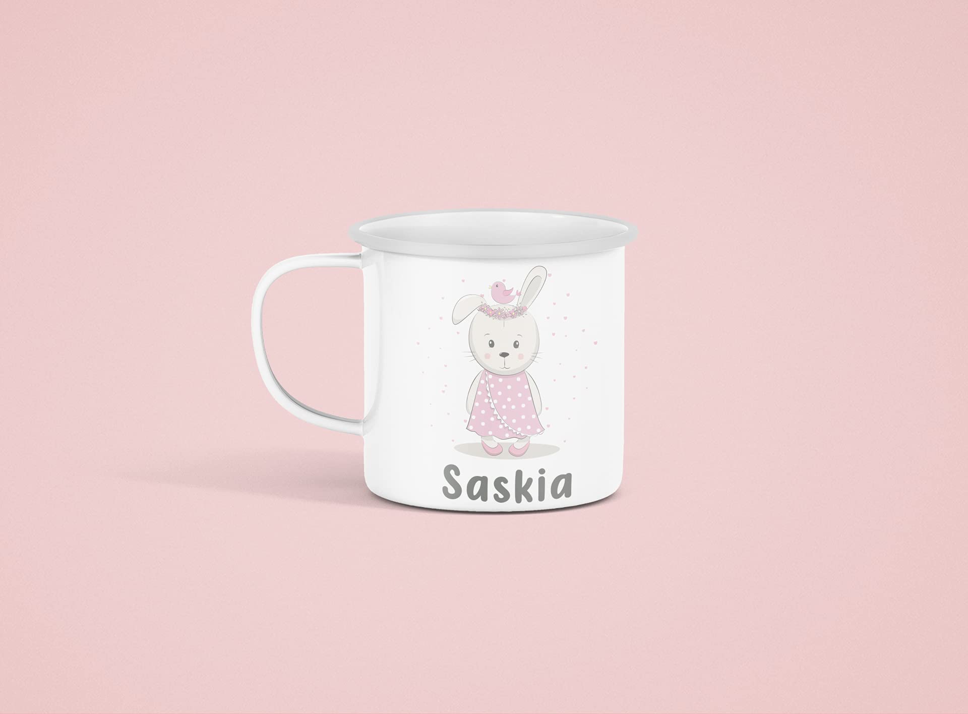 Tazza Smaltata Personalizzata Con Nome E Lepre 300 Ml - Regalo Bambini In Metallo