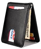 Mens Wallet Slim Leather Front Pocket Wallet Money Clip with Pull Tab Slot and RFID Blocking - Black