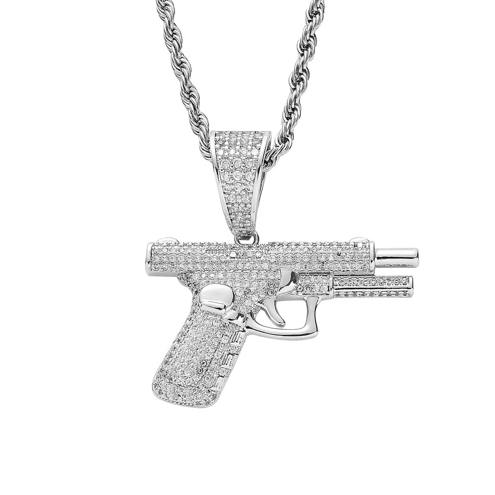 Mayiyaho Men's Silver Plated Small Rhinestone Pistol Gun Pendant Necklace Luxury Cubic Zircon Bling Punk Jewelry Golden Silver Rope Chain