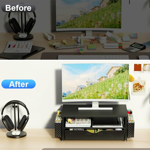 Spacrea Desk Organizer and Accessories, Computer Monitor Stand Riser with Drawer and 2 Pen Holders, Office Desk Accessories & Workspace Organizers for Office Supplies (Black) - Image 5