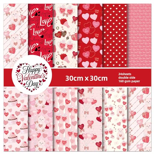 24 Sheets Valentine Pattern Paper Watercolor Heart Love Scrapbooking Double-Sided Red Pink Craft Paper Folded Flat for DIY Card Making Scrapbook Photo Album Journal Decor 12 Design