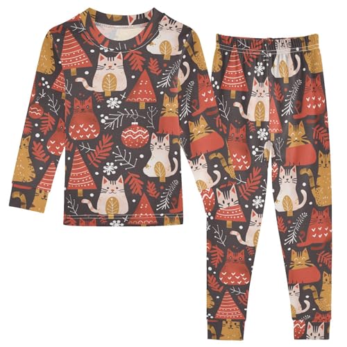 Fustylead Xmas Color Cats and Christmas Tree Holly Decor Pajamas Cotton Sleepover PJ Set Long Sleeve Lounge Wear