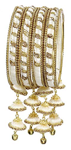 Image of NMII Metal & Silk Thread Jhumka Zircon Latkan Stylish Bangles Set For Women's and Girls | Women's Fancy Latkan Bangles Set | Ethnic Fashion Jewellery- Set of 12 Bangle, (G405 White-2.6)