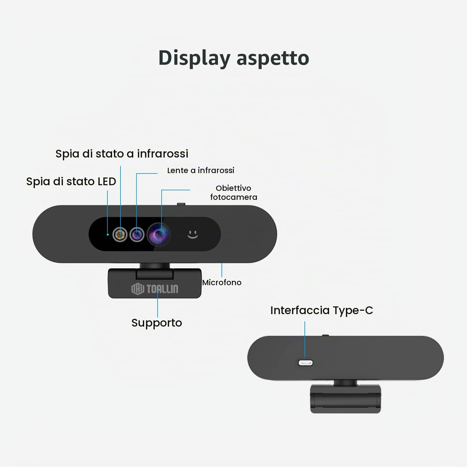 TOALLIN Webcam 1080P per Windows Hello, Fotocamera per riconoscimento facciale, Web cam compatibile con Windows Hello con microfono, Fotocamera per computer, Webcam grandangolare per videochiamate