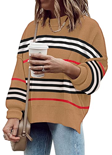 ETCYY Womens Sweaters Fall 2025 Batwing Long Sleeve Side Slit Knit Tops Crew Neck Striped Oversized Sweater Pullover2