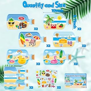 CY2SIDE Summer Beach Stickers - 12PCS Summer Drifting Bottles Sticker Art Craft for Kid Make Your Own Beach Sticker Scene with Pineapple Flamingo DIY Hawaii Party Game Class Fun Activities