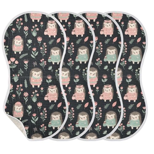 J JOYSAY Hedgehog Flowers Black Baby Burp Cloths for Boys Girls Large 22''x11'' Cotton 4 Layer Burping Cloths for Girl Babies one sizex4