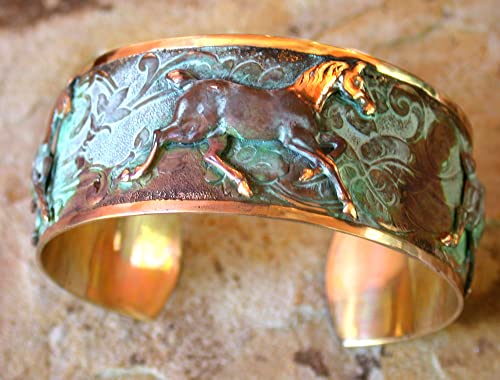 Elaine Coyne Collectible Artwear Verdigris Patina Contemporary Running Horse Cuff Bracelet - USA Made3