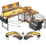 Seventable Schreibtisch L Form mit Ablageflächen, Gaming Tisch mit LED & Steckdosen, Computertisch...