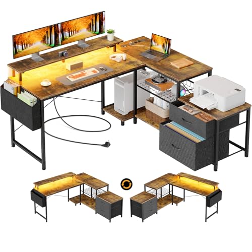 Seventable Schreibtisch L Form mit Ablageflächen, Gaming Tisch mit LED & Steckdosen, Computertisch mit Monitorständer für Homeoffice, Schlafzimmer, Wohnzimmer, Vintagebraun