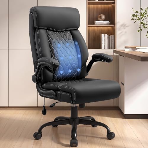 Image of Ergonomic Office Chair with Lumbar Support, Executive Leather Computer Desk Chair with Flip Up Arms & Rocking Function, High Back Big and Tall Comfortable Gaming Chair for Home Office, Black