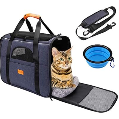 Cat Carrier Bag, Portable Foldable Pet Carrier Travel Bag for Cats and Small Dogs up to 15lbs, Breathable Airline Approved Dog Transport Carrier with Safety Inner Leash, Pet Bowl, Washable Mat
