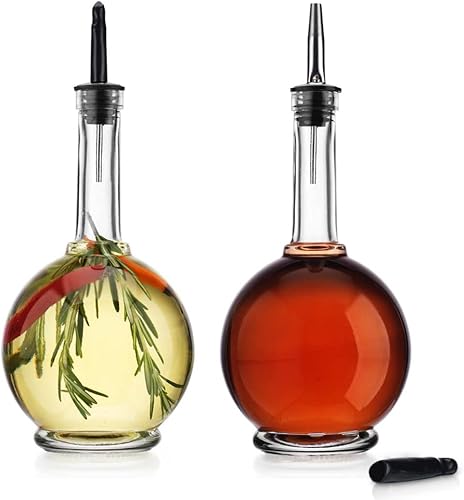 MosJos Botella de aceite para cocina (juego de 2) dispensador redondo de aceite de oliva de vidrio de 17 onzas con boquilla de acero inoxidable,