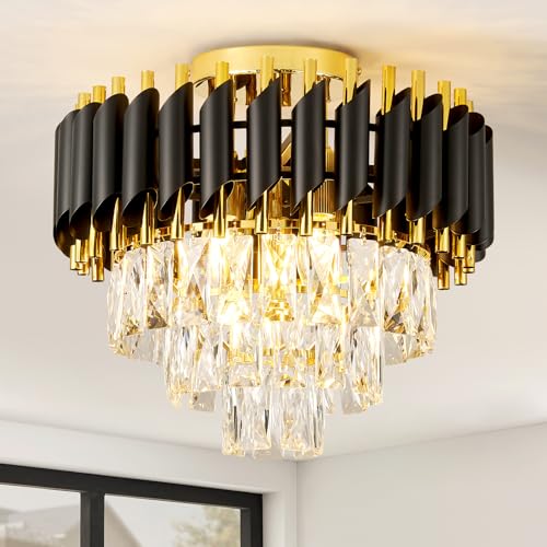 HARPER LIVING Crystal Ceiling Light, Modern Chandelier Lighting with 3 Tiers Crystals, Black & Gold Finish, 5xE14 Semi Flush Ceiling Lamp for Living Room Bedroom Dining Room