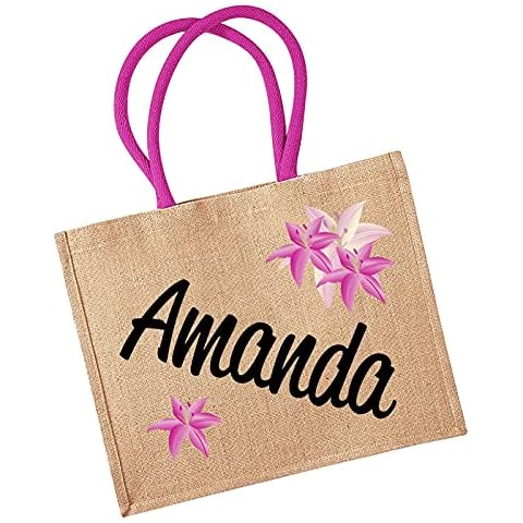 Printing-Corner Personalised Lillies jute classic shopper bag (Natural/Fuchsia) Cover