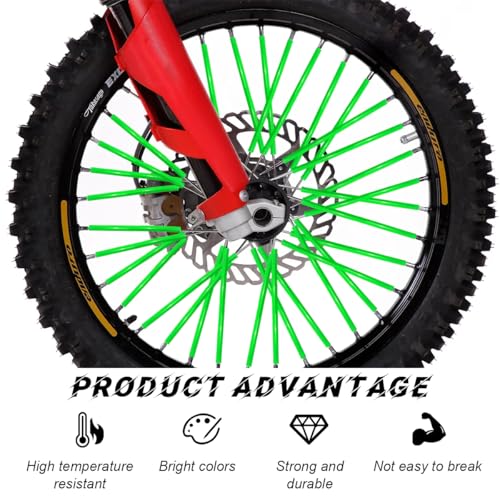 Image of 72PCS Dirt Bike Spoke Covers, Motorcycle Spoke Skins Wheel Wraps Pipe for 8 inch-21 inch Rims, Dustproof Wheelchair Rim Decoration Protector Pipe Trim for Bicycle Dirt Pit Bike (Green)