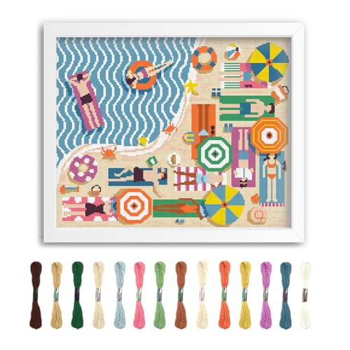 Image of FREEBLOSS Flamingo Cross Stitch Kit Stamped Cross Stitch Wall Hanging Kit for Adults with Instructions On The Beach Pure Cotton Cloth Embroidery Kits for Beginnrs No Frame 16 * 20 inch