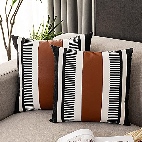 Hyoubala Farmhouse Throw Pillow Covers -Decorative Faux Leather Pillow Cases For Couch Sofa Livingroom Tribal Stripe Accent Cushion Cover 18X18 Inch。 (2, 18''X18'') #TOP1