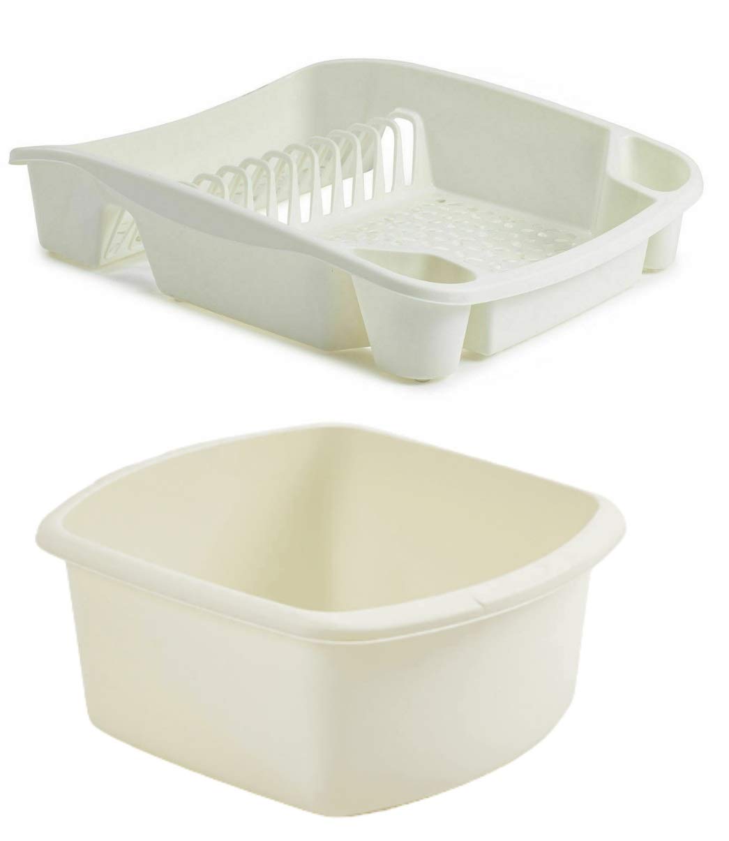 Plastic Large Washing up Bowl and Dish Drainer Rack Kitchen Plate Holder Set of 2 (Cream)