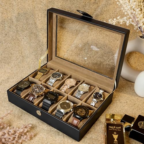 Image of Leather World Faux Leather Watch Box Organizer For Men & Women - Wrist Watch Box Holder 10 Slots - Removable Pillows Display Case - Gift for Loved Ones - Black