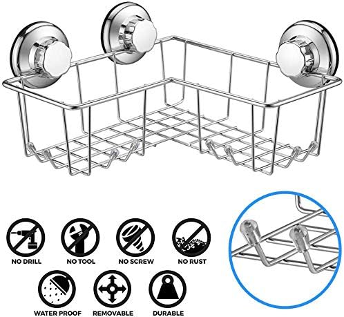 SANNO Corner Shower Caddy,Adhesive Pad Bath Shelf Storage Combo Organizer with 8 Hooks, No Damage Rustproof Basket for Kitchen & Bathroom Accessories Sticky Pad - Rustproof Stainless Steel