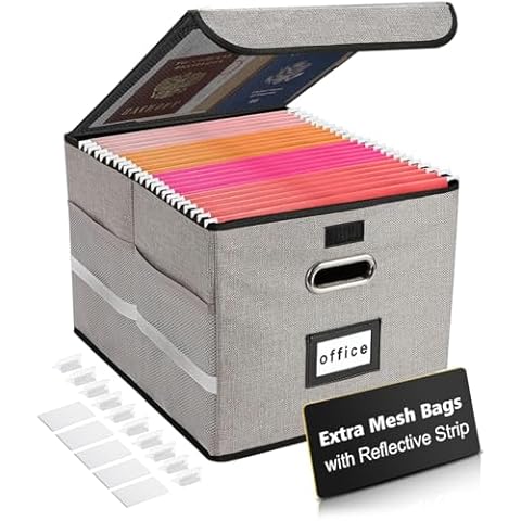 Upgraded Portable File Organizer Box with Lid & Mesh Bags, Collapsible File Box with Reflective Strip & 10 Tabs for Hanging Letter/Legal Folder Storage, Decorative Home/Office Filing Cabinet (Gray) Cover