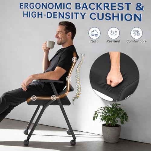 Image of 24Pack Foldable Office Chair with Wheel,Stackable Conference Room Chair with Lumbar Support,Foldable Desk Chair with Mesh Back and Arms for Conference Meeting Guest Reception Home Office Training Room