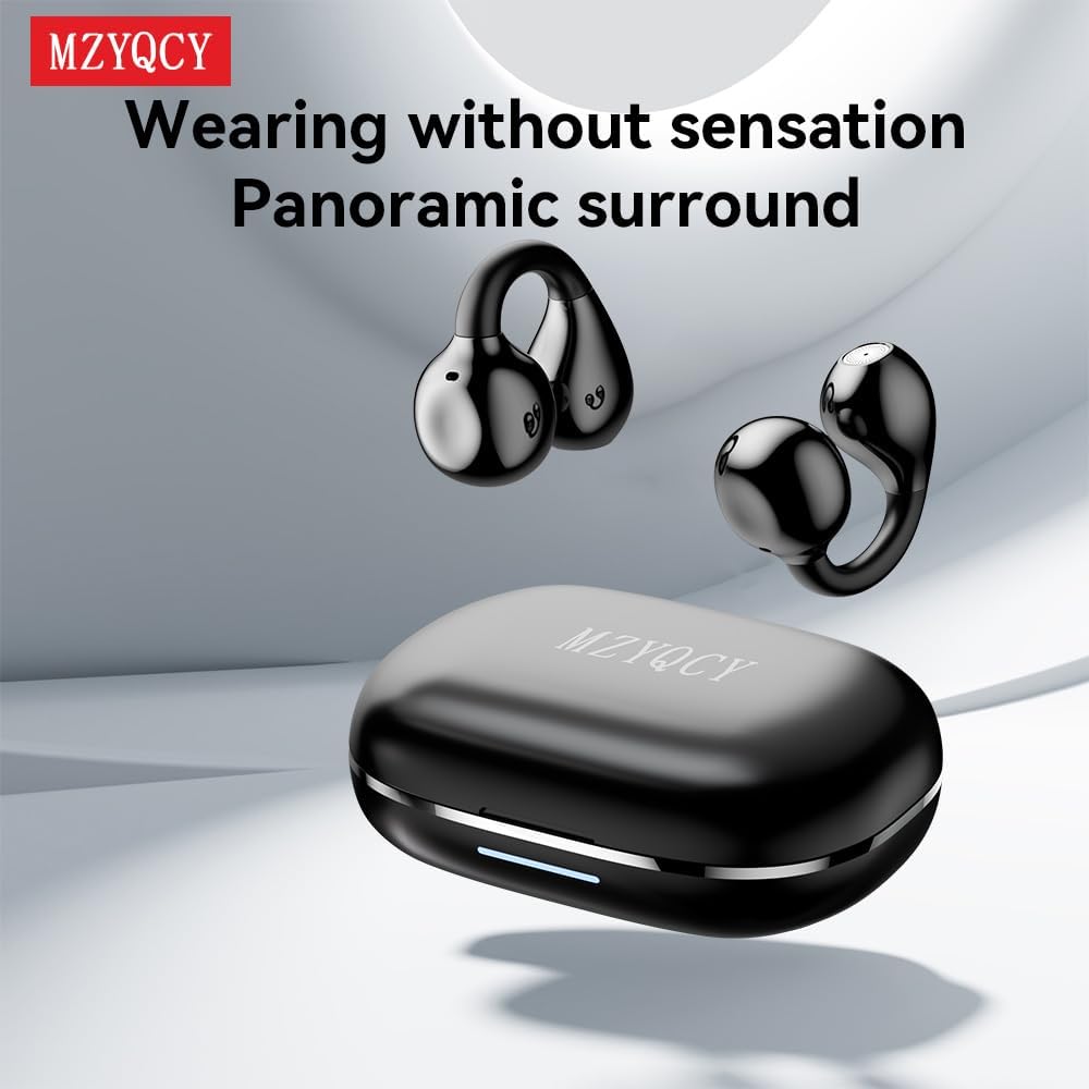 Open Ear Earbuds,Clip On Earbuds with Microphone,Wireless Bluetooth 5.4 Headset Sport Earphones for Running Gym,Sweatproof, Secure Fit for Work,Travel,Gift(Black) - Image 2