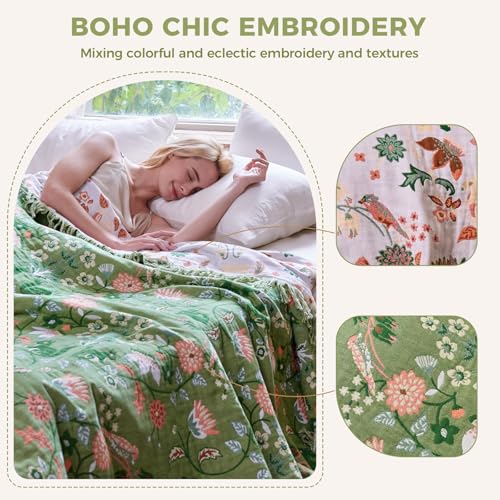 Image of LUTBM Boho Throw Blanket for Bed 60 inchx80 inch, 100% Cotton Green Couch Blankets