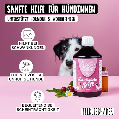 Tierliebhaber – Läufigkeitssaft für Hündinnen 500ml mit Mönchspfeffer – Kräuter-Saft zur Unterstützung bei Scheinschwangerschaft & hormonellen Unstimmigkeiten – Mittel gegen Scheinträchtigkeit Hund