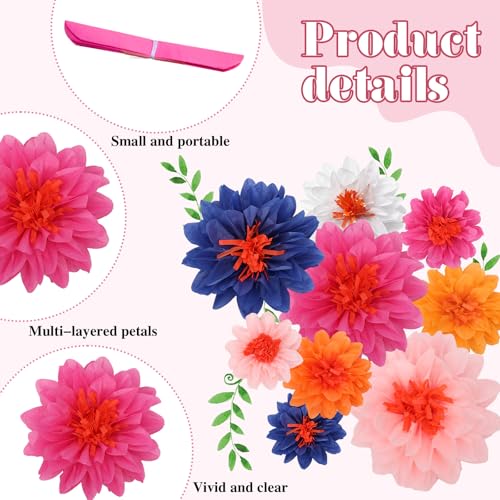 Image of Geyee 18 Pcs Mexican Paper Flowers Colorful Fiesta Tissue Paper Flowers Pom Poms Mexican Carnival for Floral Party Backdrop Wedding Birthday Party Craft (Multicolor,6 inch 8 inch 10 inch)