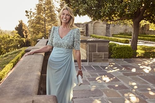 Image of Alex Evenings Women's Wedding Guest Dress with V-Neck Stretch Sequin Bodice and Empire Waist (Petite and Regular Sizes)