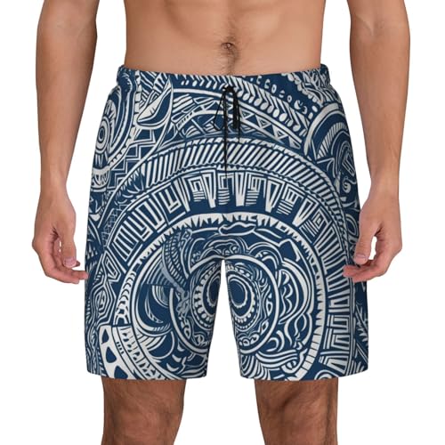 Blue Polynesian Maori Tribal Pattern Print Mens Swim Shorts for Swimming, Surfing, and Casual Wear