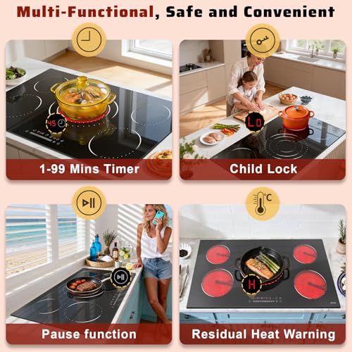 Image of 36 Inch Electric Cooktop 5 Burner Electric Stove Top 9200W, Triple‑Ring Central Burner, 9‑Level Slide Control, Touch Control with Safety Lock, 99‑Mins Timer, Pause, Built‑In Size 34.25x19.29 Inch