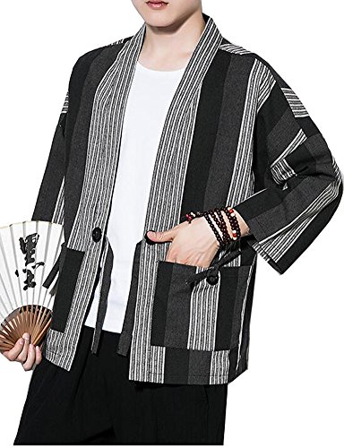 Men's Cotton Linen Retro Striped Kimono Cardigan Cloak Jacket 2XL (Black Striped, Medium)