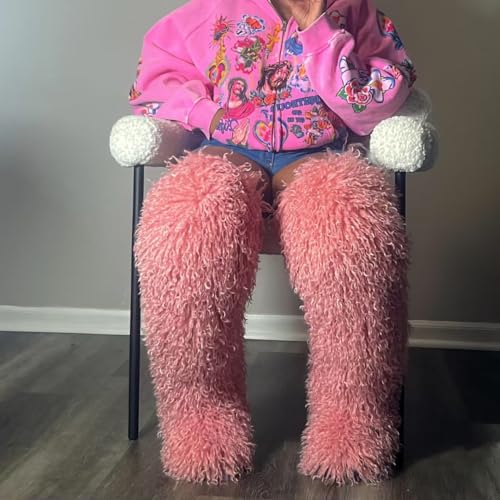 Image of Black Thigh High Fur Boots, Over the Knee Fluffy High Boots, Tall Furry shoes for Women