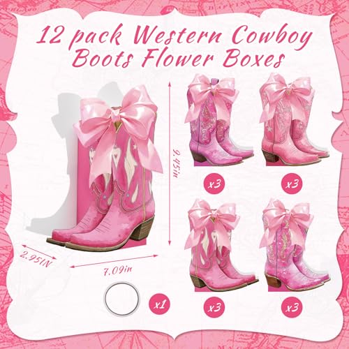 Image of 12 Set Pink Western Cowgirl Bow Boots Flower Boxes Centerpiece Boot Shape Gift Boxes Western Party Decoration Vase Centerpiece for Table Boots for Rodeo Birthday Baby Shower Wedding Supplies