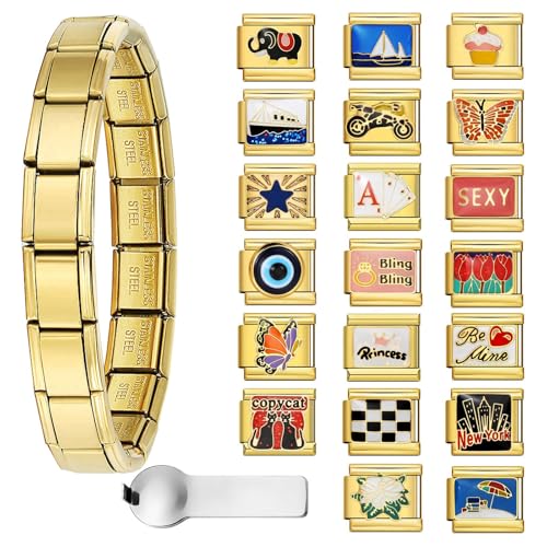 Gold Italian Charm Bracelet Sets with 1Pcs 6.75 inch Starter Brascelet, 20Pcs Charms Pack and Opening Tools, 9mm Italian Modular Charm Bracelet Link Handmade DIY Module Jewelry Gifts