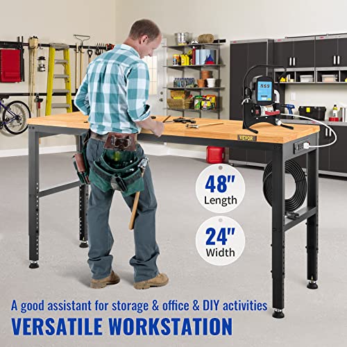 Vevor Workbench Adjustable Height, 48" L X 24" W X 38.1" H Garage Table W/ 28.3" - 38.1" Heights & 2000 Lbs Load Capacity, With Power Outlets & Hardwood Top & Metal Frame & Foot Pads, For Office Home #TOP1