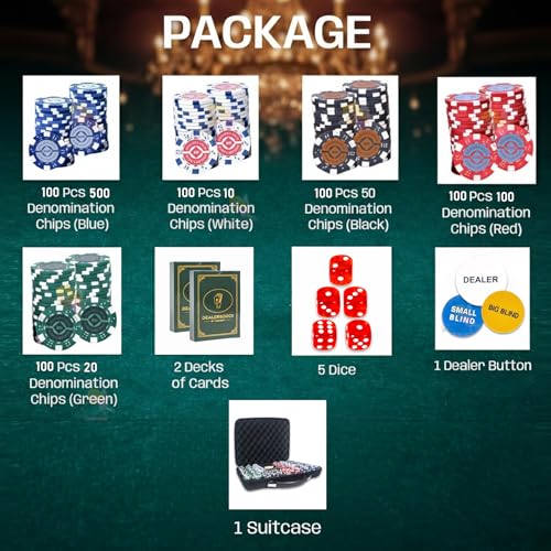 Image of Wishkey Poker Chips Set 500 PCS With Rupee Printed Chips, 5 Dice, 2 Decks of Playing Cards, 3 Dealer Buttons & Premium Carry Case Casino Style Poker Game Set for Home Party, Friends & Family 14+ Years