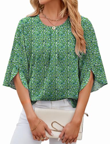Mansy Womens Tops Dressy Casual Pleated Scoop Neck 3/4 Sleeve Summer Shirts Office Work Chiffon Blouses