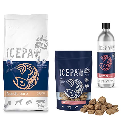 ICEPAW Kombipaket für Hunde - Trockenfutter Nordic (14kg), Lachsöl (500ml), Snack Mit Lachs (100g)