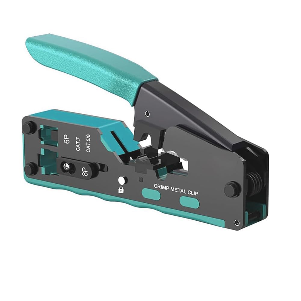 MIKUER RJ45 Pass Through Crimp Tool, RJ45 Cat5 Cat6 Cat7 Crimping Tool, RJ11 Crimping Tool, Ethernet Network Cable Crimper Stripper, Modular Crimping Equipment Mini Tool Pliers(Green)
