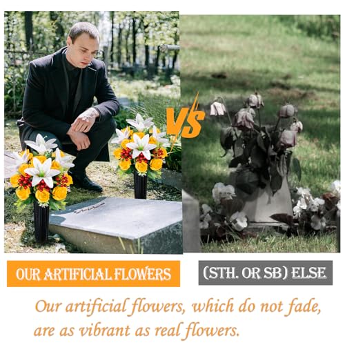 Artificial Cemetery Flowers with Vase, Set of 2 Rose Lily Bouquet Graveside Decoration, Artificial Memorial Flowers for Easter Mother's Day Arrangements (Yellow) image 1